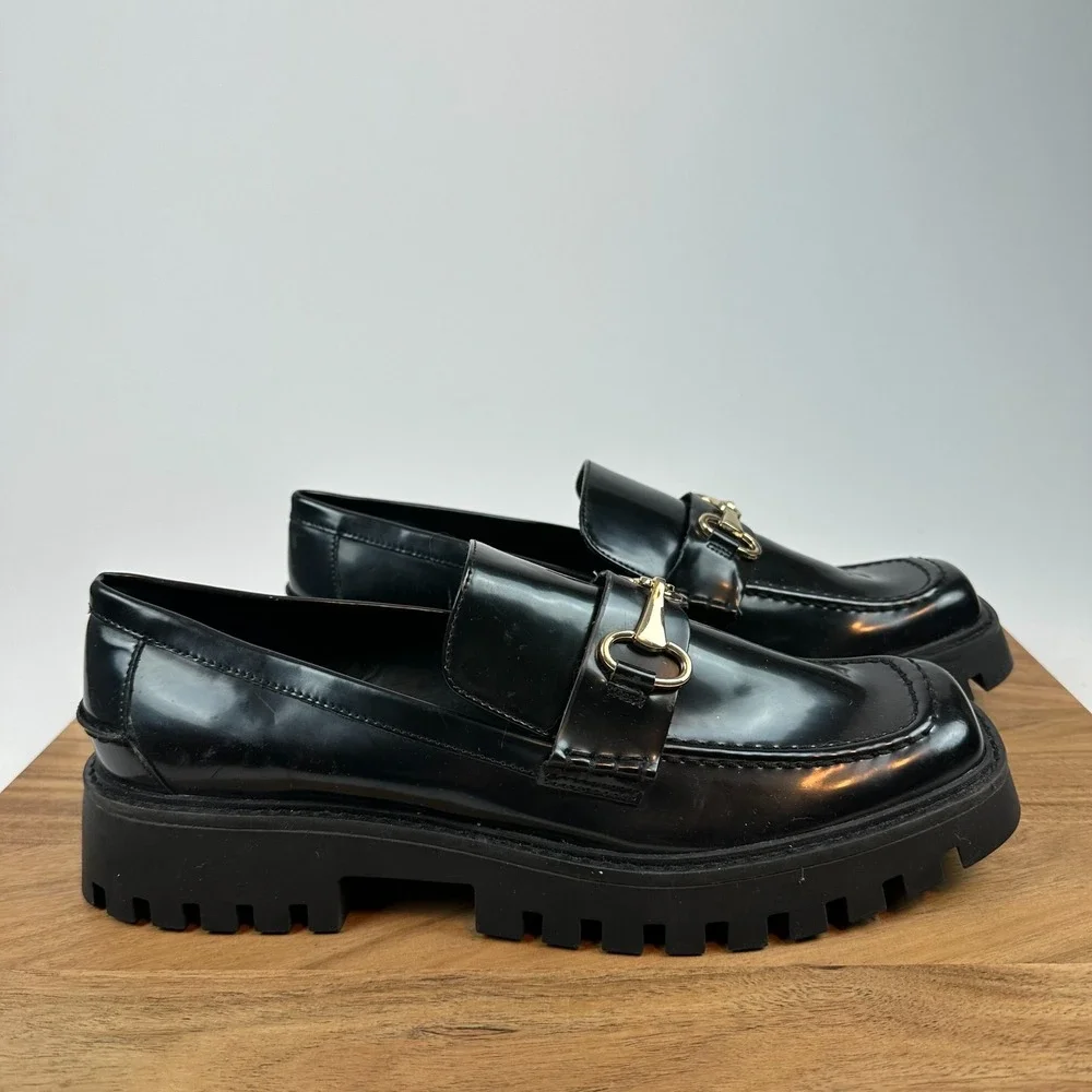 New Womens Open Edit Heather Black Faux Leather Horsebit Lug Sole Loafers Sz 11
